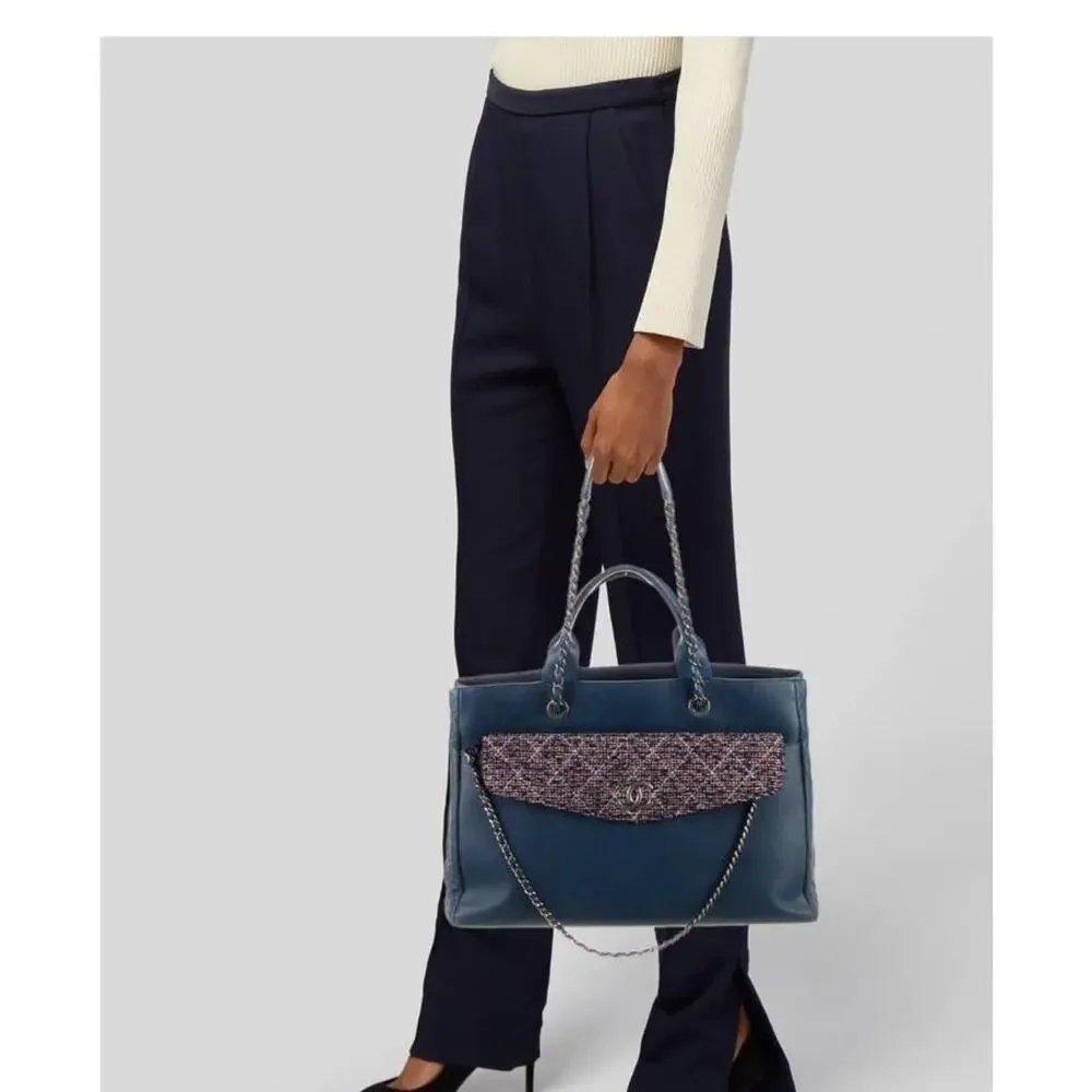 Chanel tweed coco break large shopping tote blue with tweed pouch bag